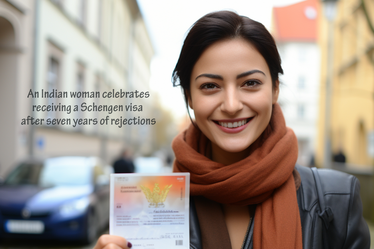 An Indian woman celebrates receiving a Schengen visa after seven years of rejections.